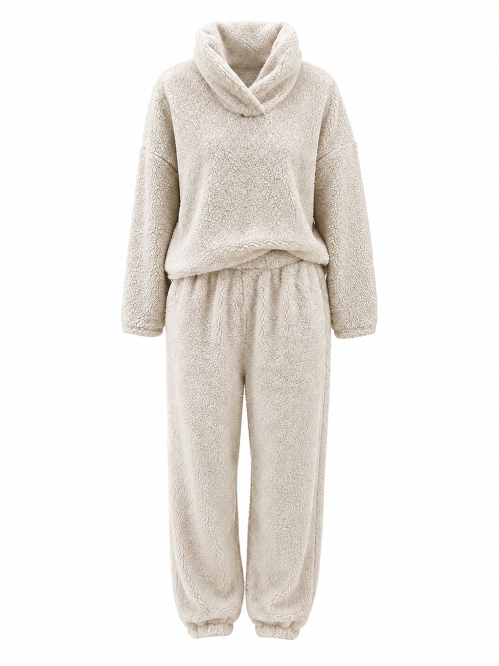 Cozy Sherpa Fleece 2 Piece Lounge Set Cream Size Medium